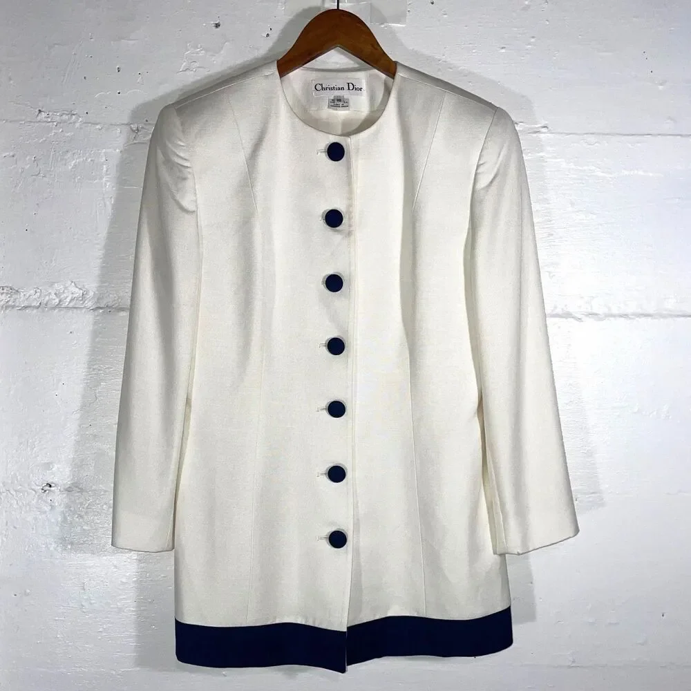 Vintage Christian Dior Blazer Cream Navy Button Minimalist 90s Jacket Size 10